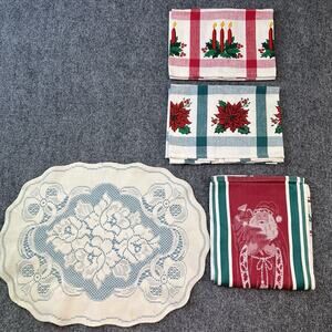 Vintage Christmas Kitchen Towels Lot of 4 Santa Poinsettia Candles Lace Doily